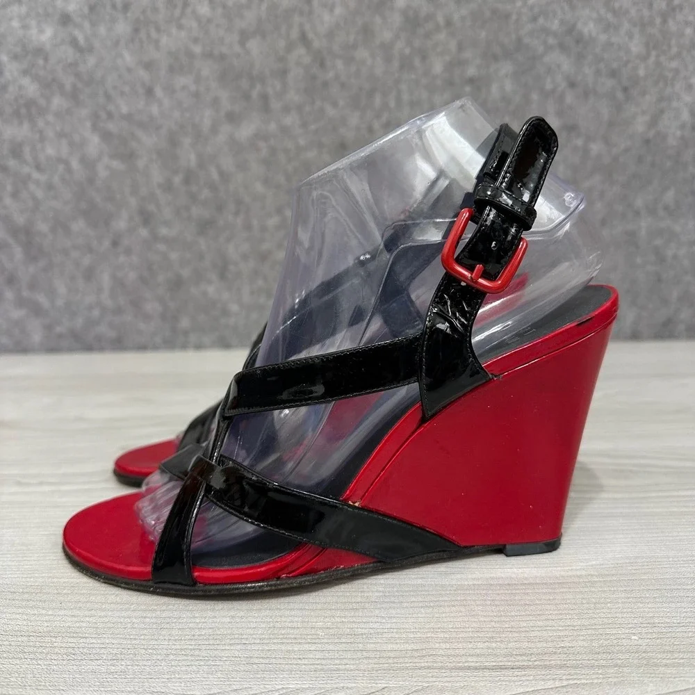 Stuart Weitzman Red Patent Leather Crisscross Slingback Wedge Sandals Women's 8 - Picture 3 of 10
